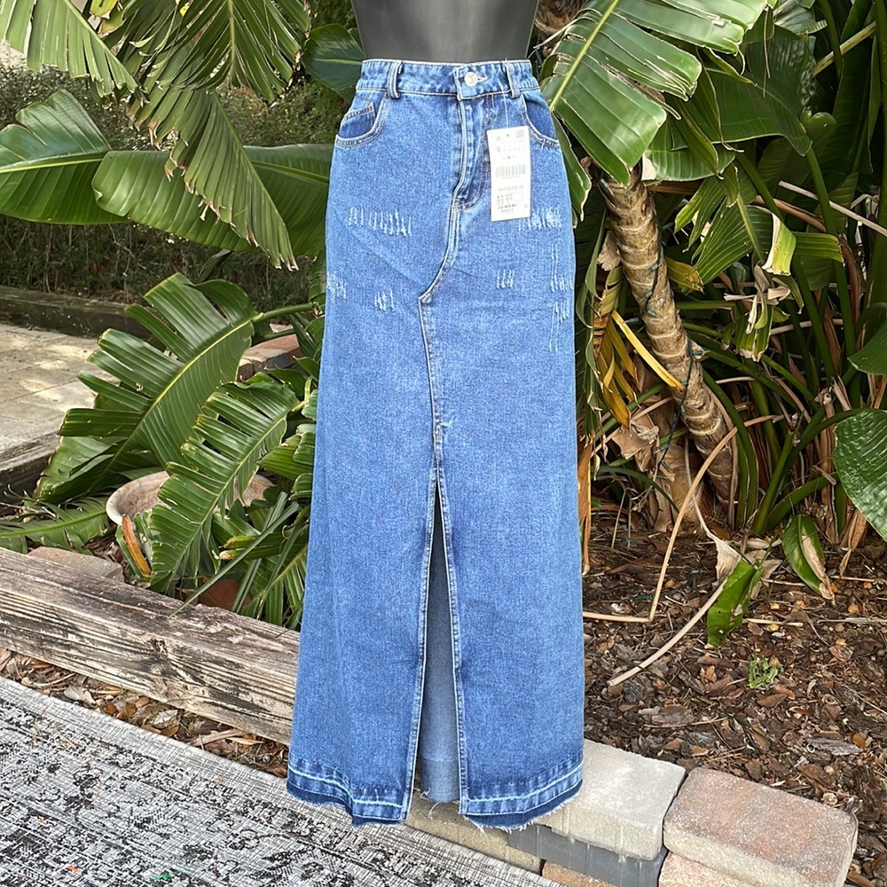 Jean or denim pencil column maxi skirt with front slit